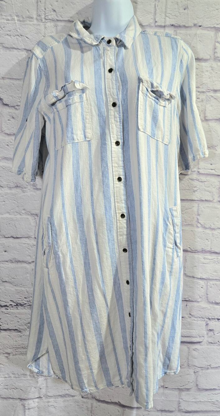 Intro Blue White Striped Linen Button Up Shirt Dress L Pockets Collard